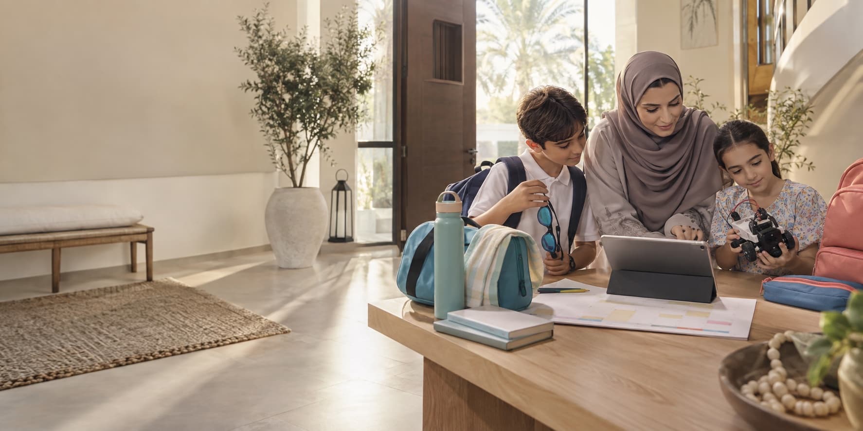 A UAE parent planning swimming and robotics activities with her children
