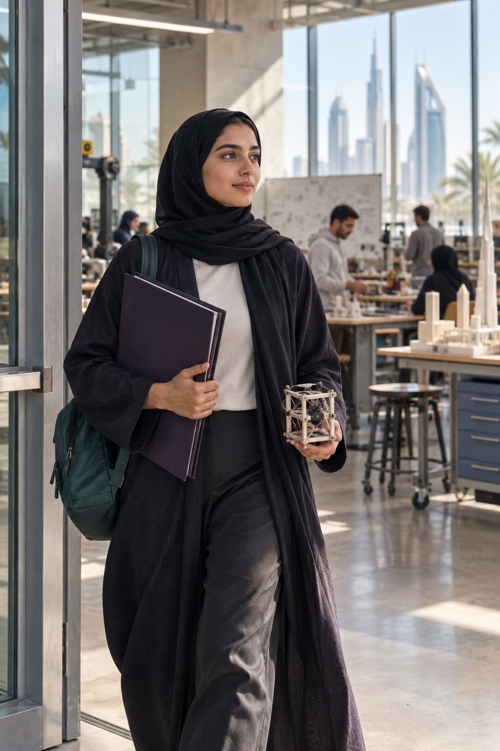 Young adult student entering a UAE engineering workspace